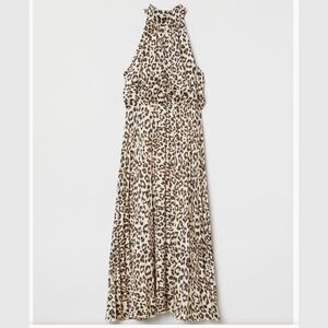 H&m Beige/leopard Print Satin Cinched Waist Halter Midi Dress Size: 2